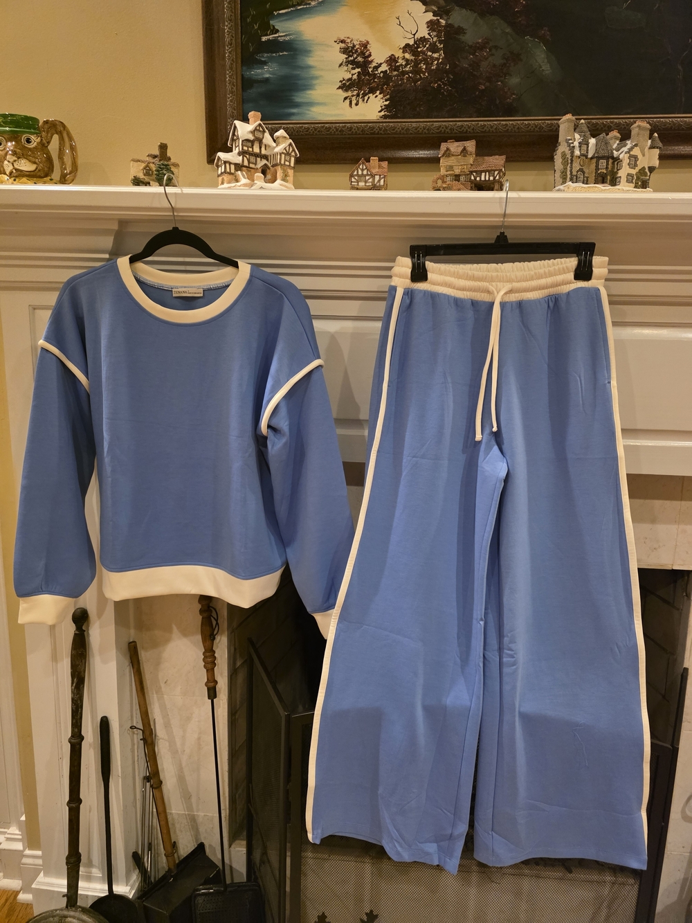 Zenana Outfitters Blue Wide-Leg Scuba Set with Cream Trim